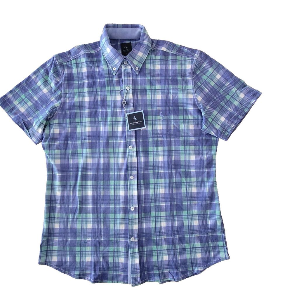 NWT Tailorbyrd Men’s Plaid Short Sleeve Button Down Shirt Blue Preppy Vacation